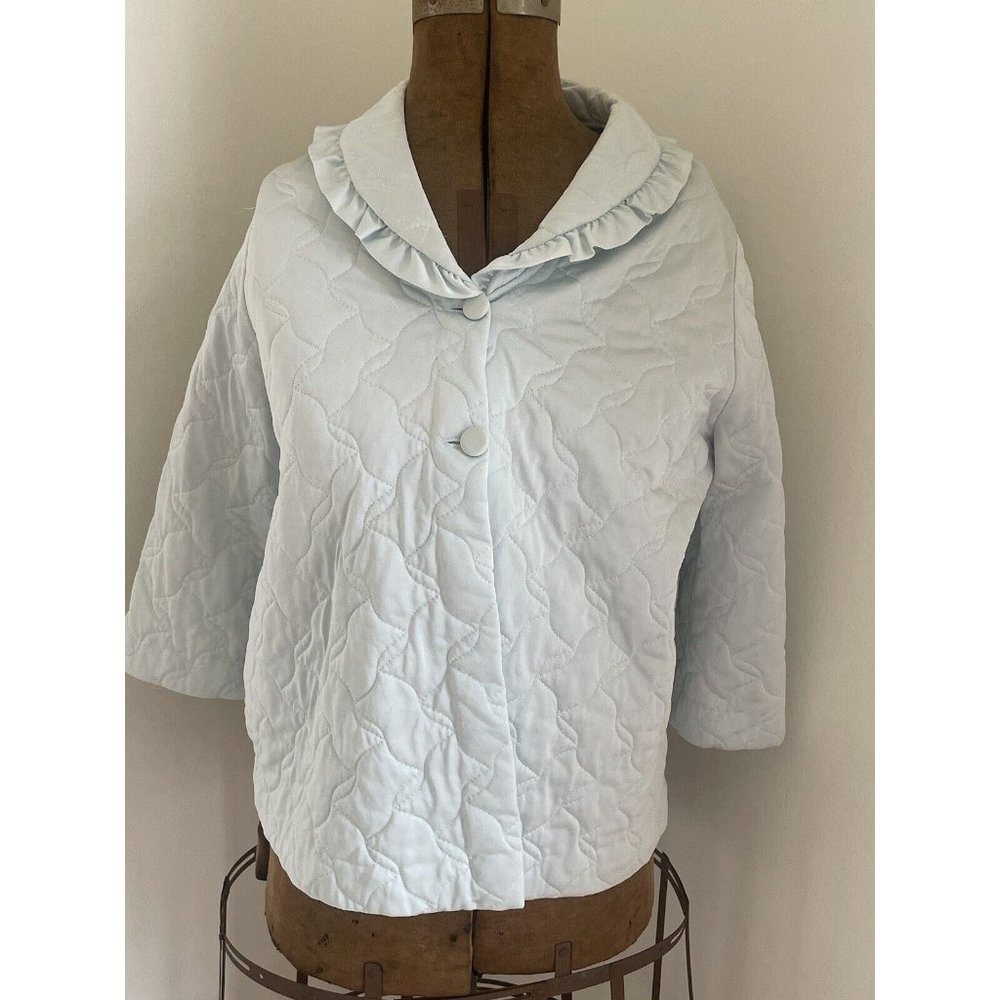 True Vintage Pin Up Bed Jacket Quilted Crop Powder Blue Shadowline Med Made USA